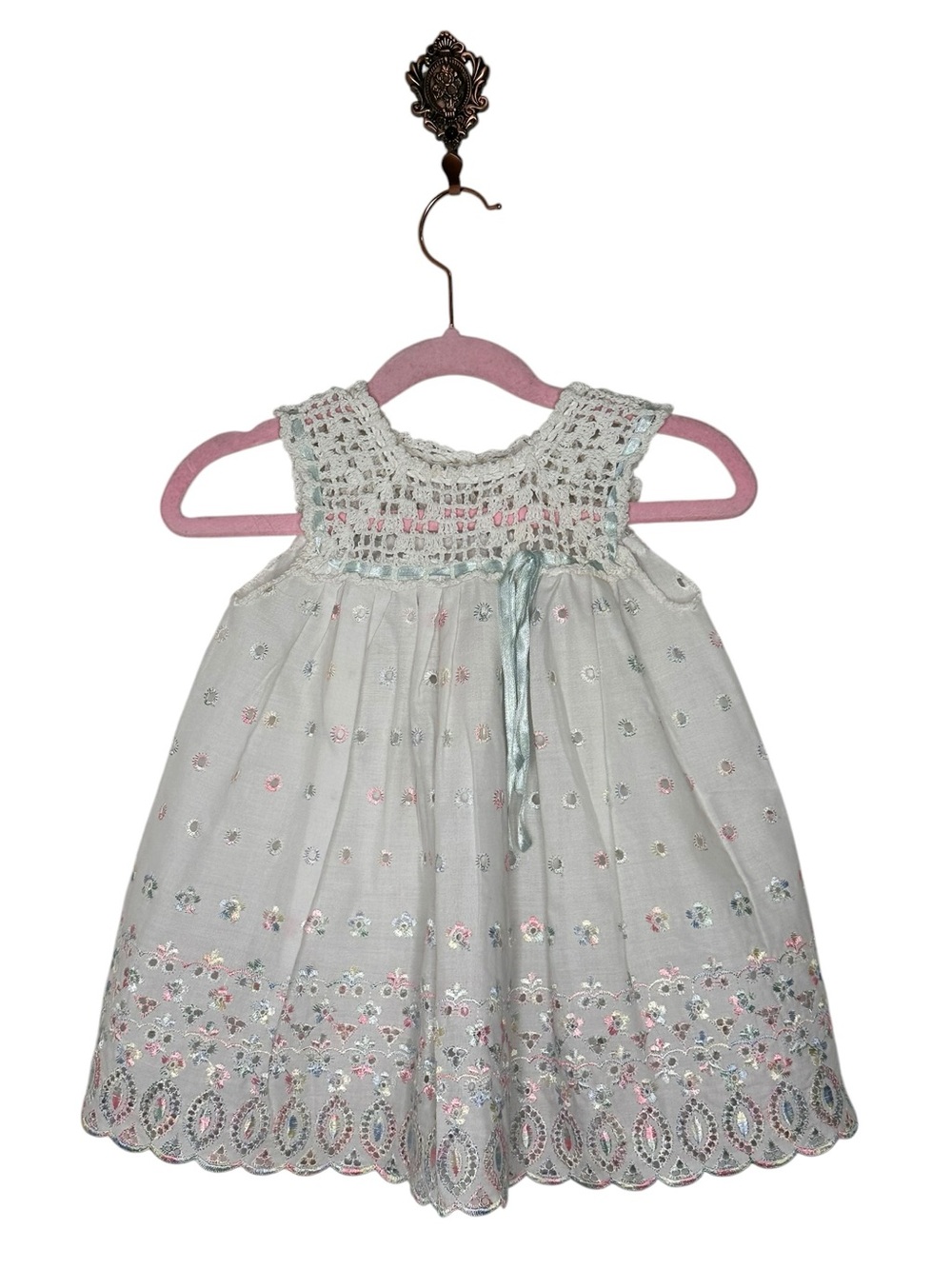 Vintage Handmade White Eyelet Baby Dress with Pastel Floral Embroidery size 3M